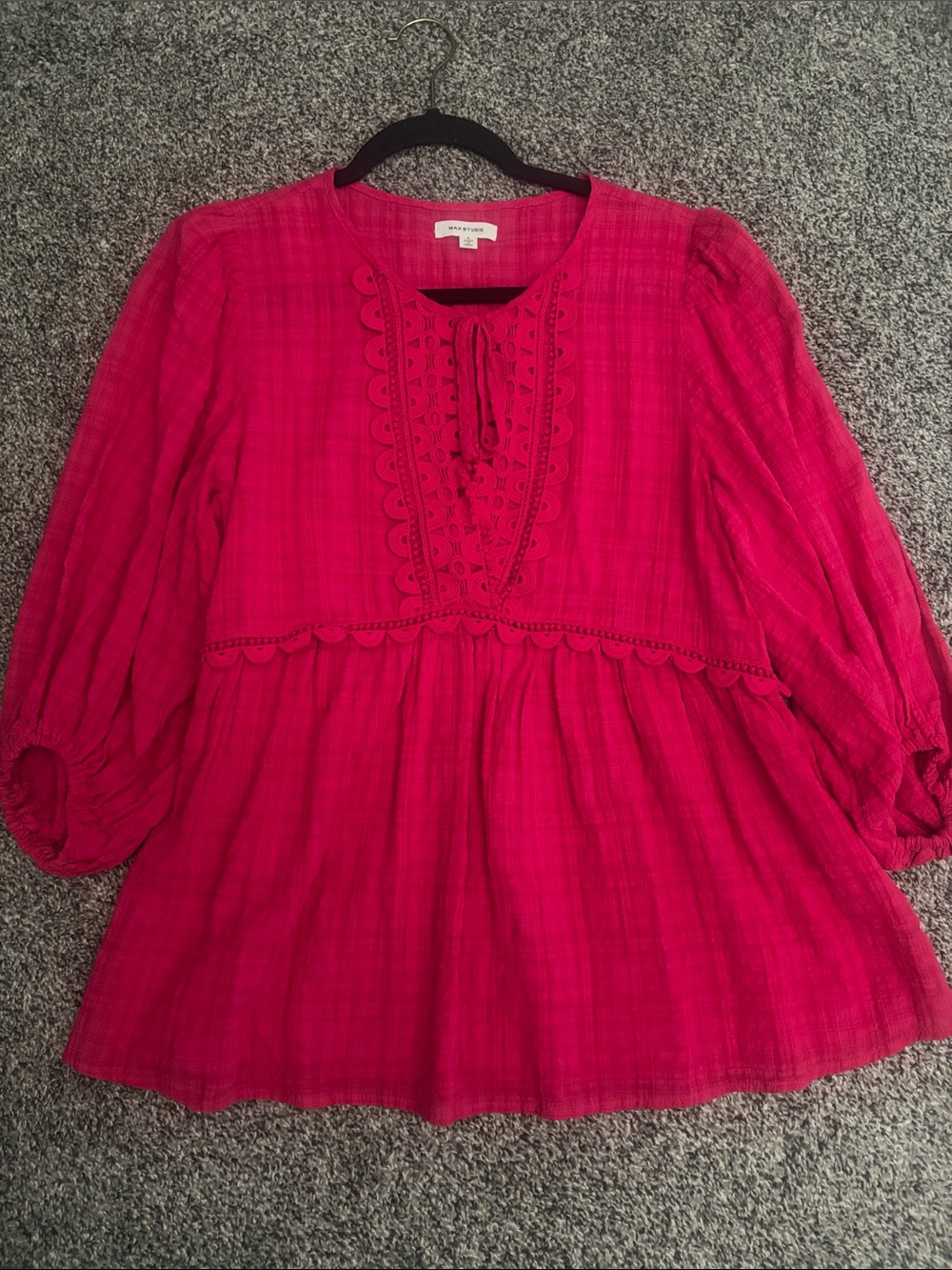 Max Studio Hot Pink Embroidered Peasant Blouse
